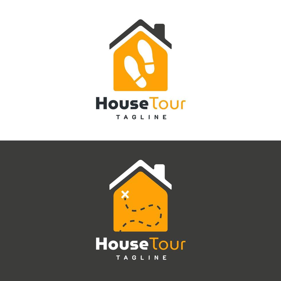 huis tour kanaal logo. met huis, schoenen print en wandelroute icoon. op witte, oranje en grijze kleur. premium en luxe vectorillustratie vector