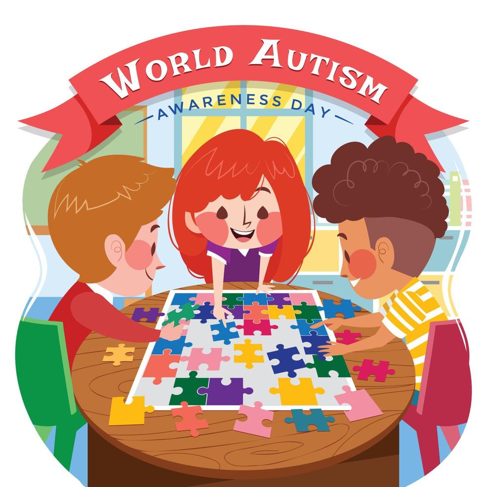 wereld autisme bewustzijnsdag met diverse kinderen die puzzel spelen vector