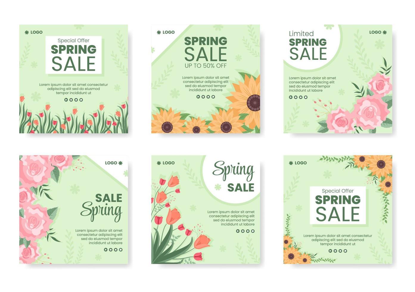 lente verkoop met bloesem bloemen post sjabloon vlakke afbeelding bewerkbare vierkante achtergrond voor sociale media of wenskaart vector