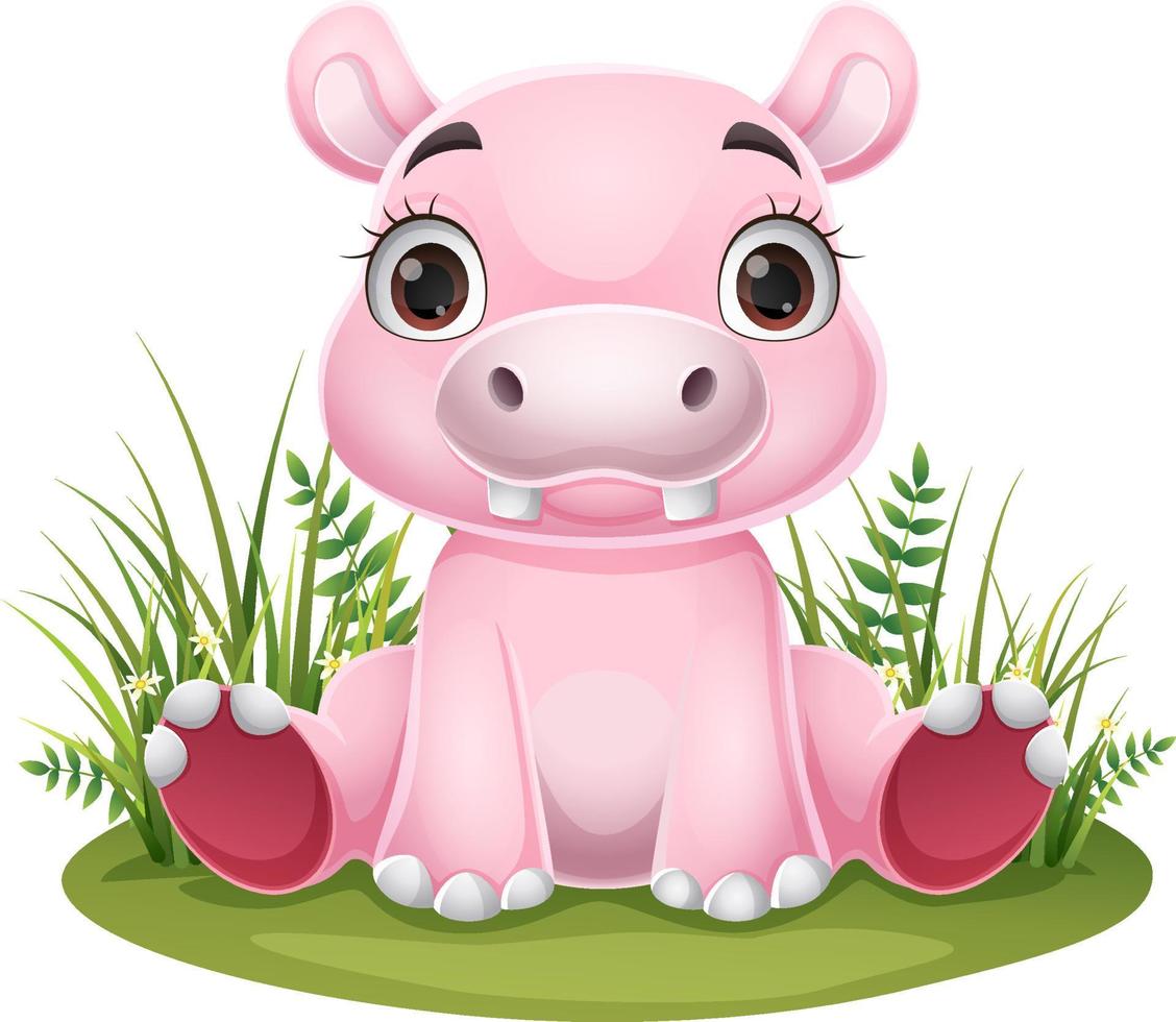 cartoon baby nijlpaard zittend in het gras vector