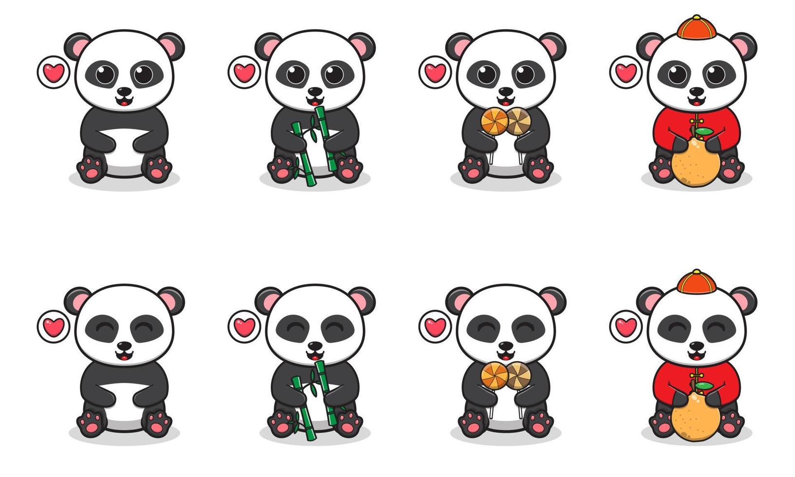 vectorillustratie van schattige lachende panda cartoon met plaatsing en hand naar beneden pose vector