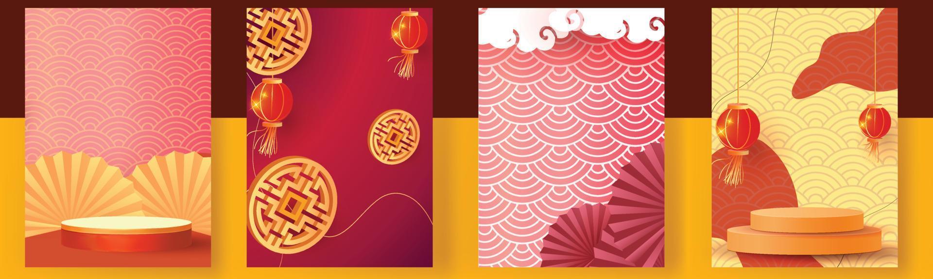 chinees nieuwjaar set achtergronden goud rood vector podium ontwerp grafisch patroon modern sjabloon kaart