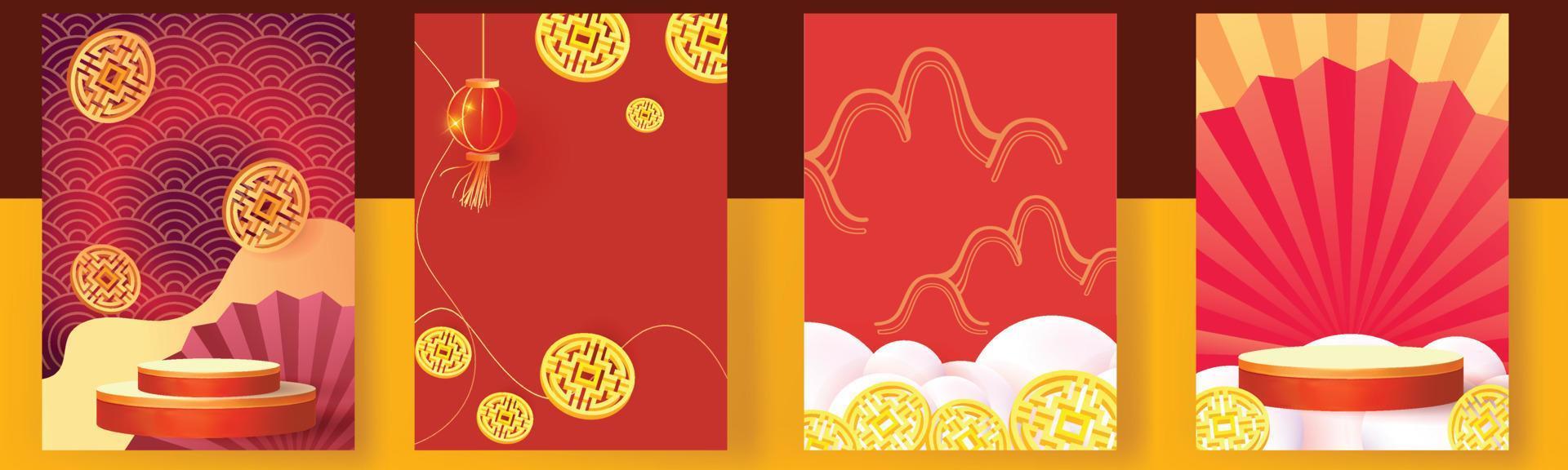 chinees nieuwjaar set achtergronden goud rood vector podium ontwerp grafisch patroon modern sjabloon kaart