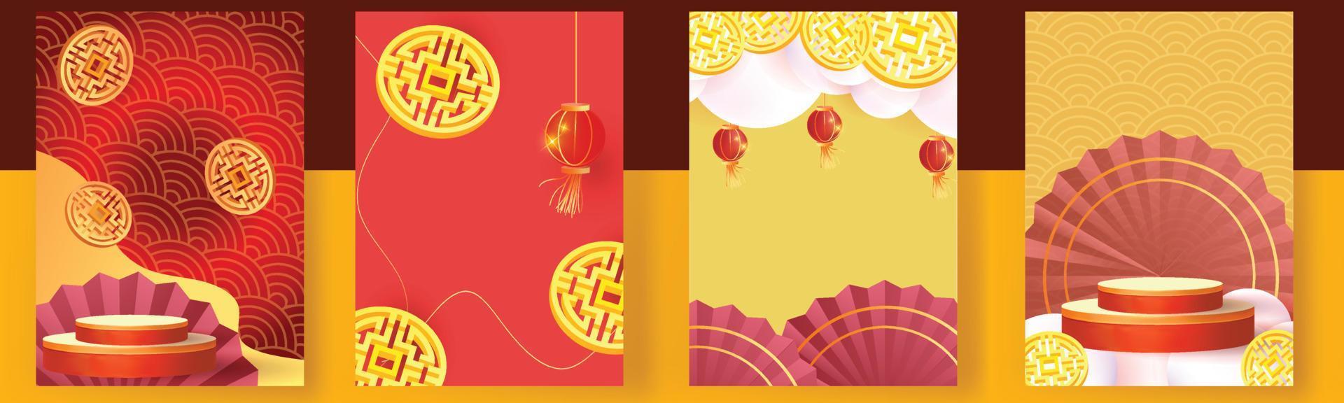 chinees nieuwjaar set achtergronden goud rood vector podium ontwerp grafisch patroon modern sjabloon kaart