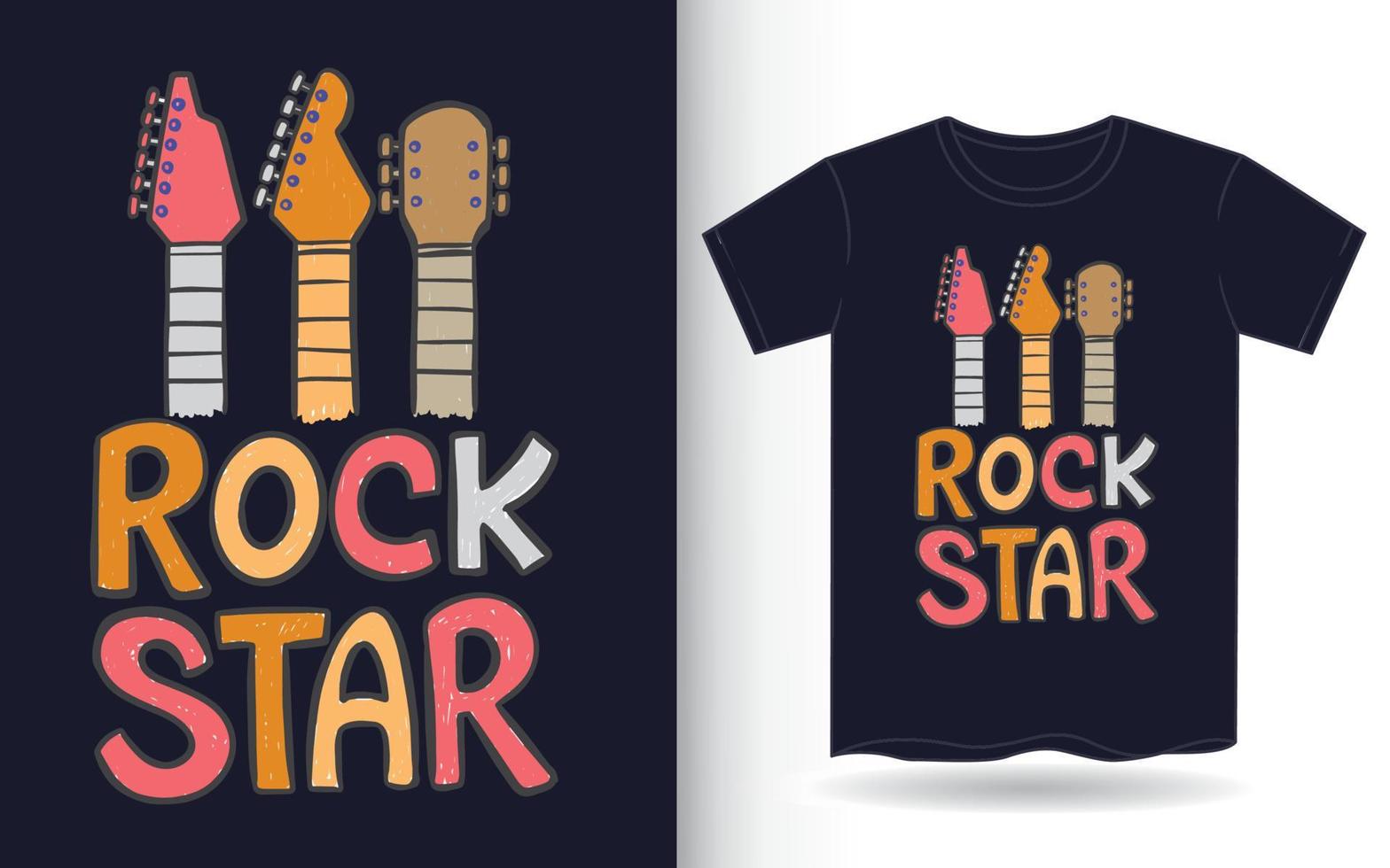 gitaar en rockster handgetekende typografie voor t-shirt vector