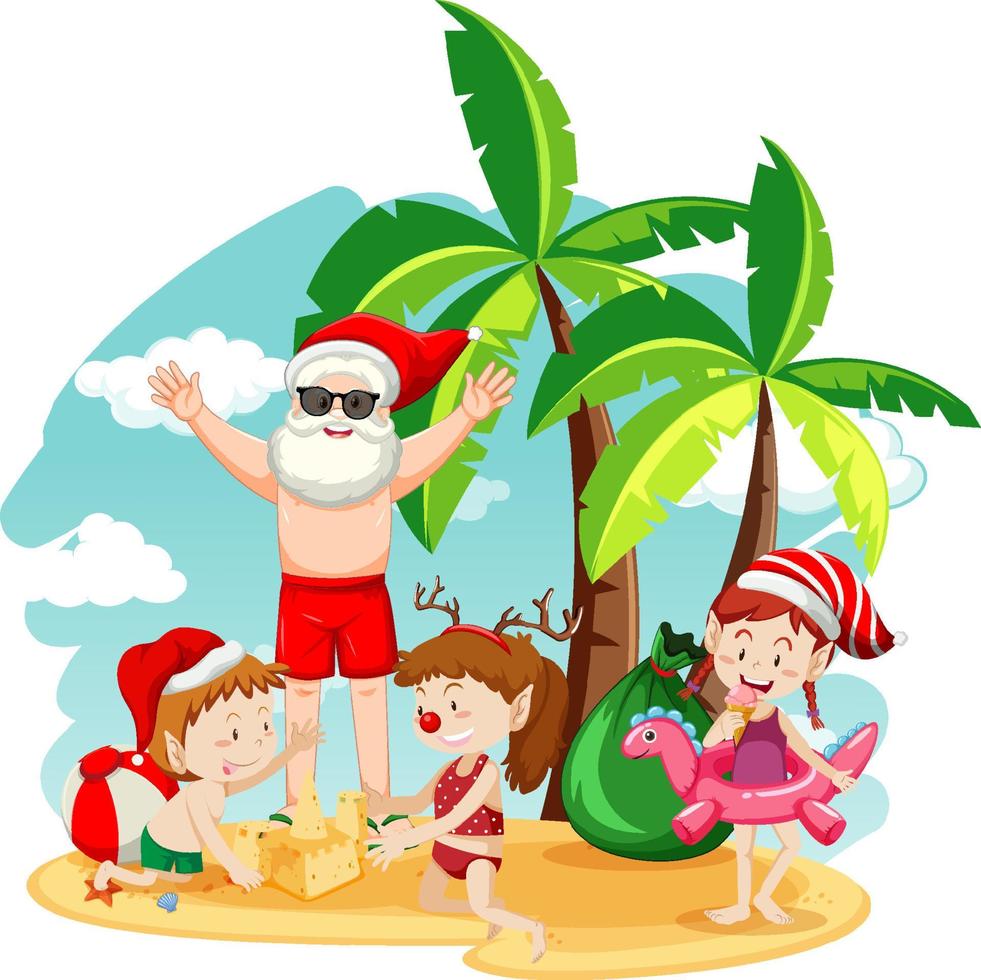 zomer kerst met de kerstman en kinderen vector