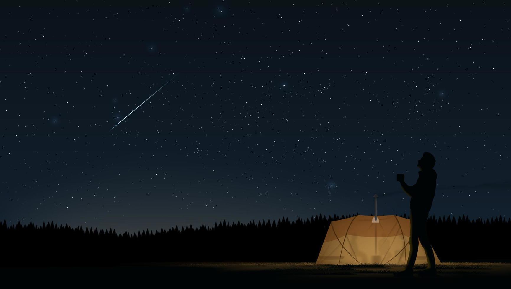 een man die zich van de groep heeft afgescheiden naar buiten de tent en nonchalant een koffie drinkt en omhoog kijkt om het prachtige uitzicht op een sterrenhemel te zien vector