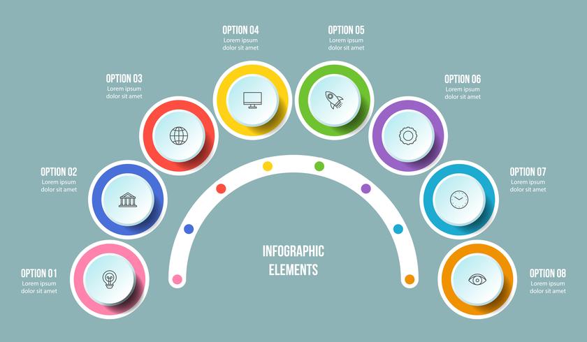 Halfcirkelgrafiek, tijdlijn infographic sjablonen vector