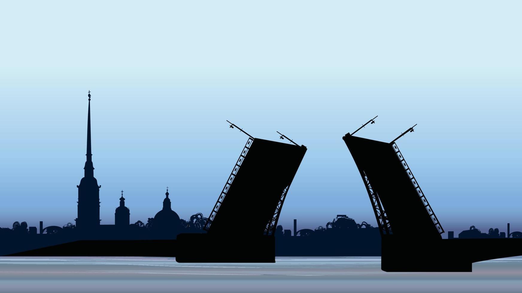 st. petersburg oriëntatiepunt, rusland. sint peter en paul kathedraal en fort, uitzicht op de zonsopgang vanaf de rivier de neva. Russische stadsgezicht silhouet vector achtergrond.