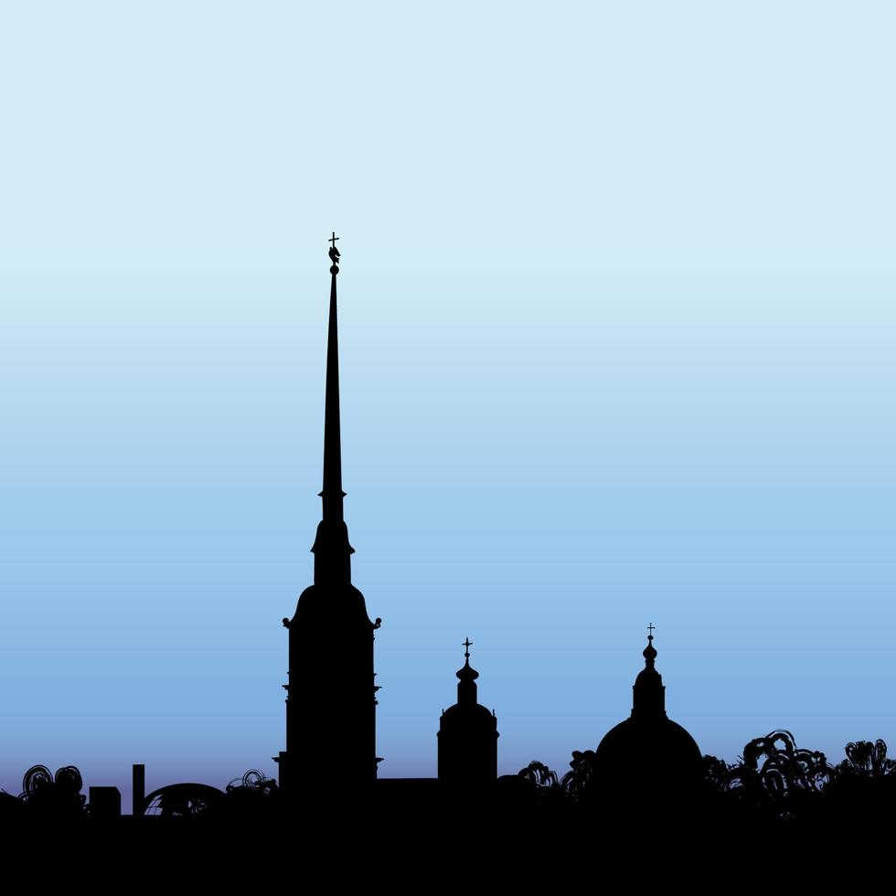 st. petersburg oriëntatiepunt, rusland. sint peter en paul kathedraal en fort, uitzicht op de zonsopgang vanaf de rivier de neva. Russische stadsgezicht silhouet vector skyline achtergrond.