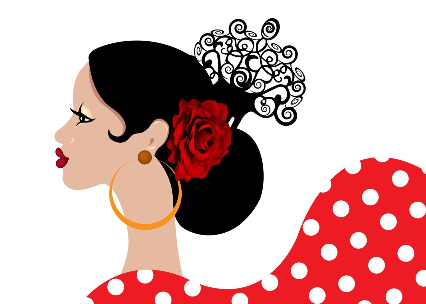 mooi portret Spaanse Latijns-vrouw, kapsels voor flamenco meisje met folk accessoires peineta, rood roze bloem en oorbellen, polka dot jurk, vector geïsoleerd op witte achtergrond