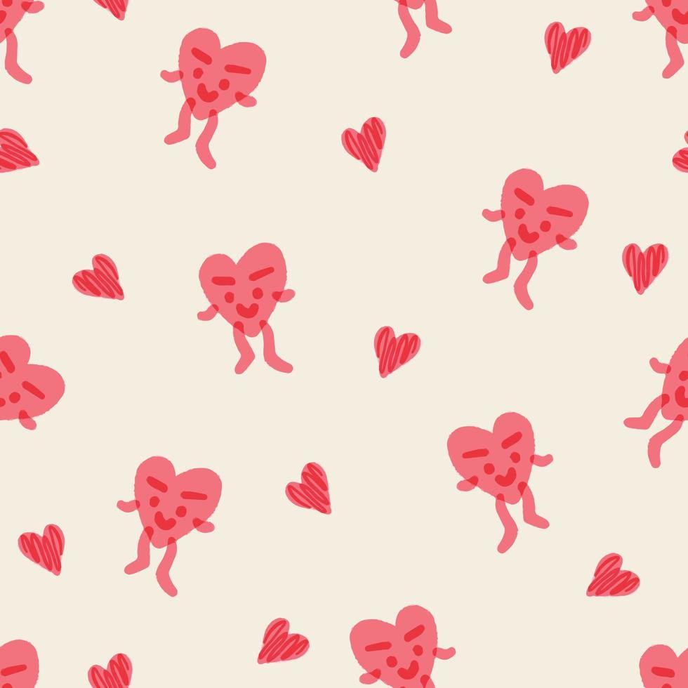 naadloze valentijnsdag patroon achtergrond met schattige hart mascotte karakter, valentijnskaart vector