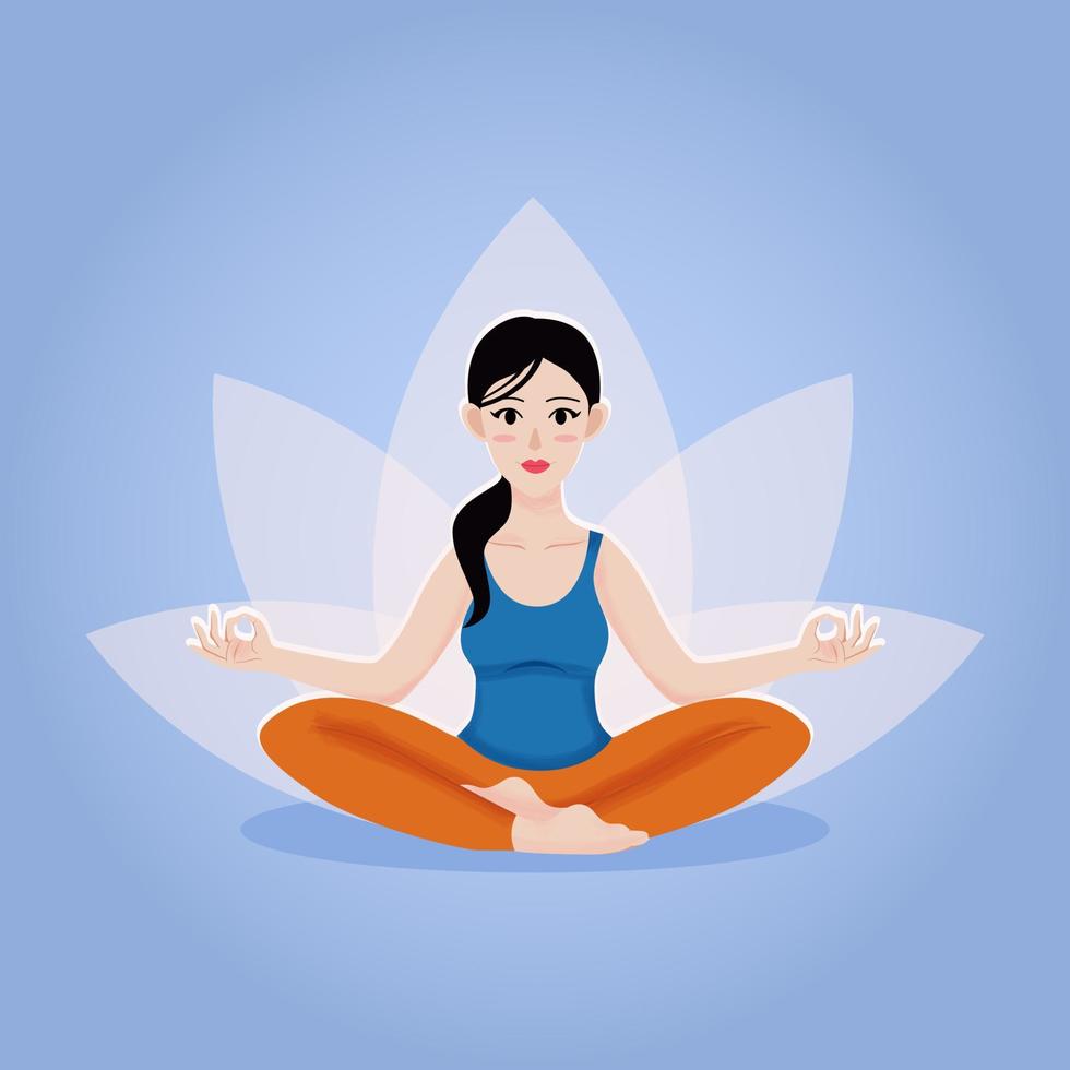 jonge mooie aziatische vrouw met krullend haar oefent yoga pose zittend op de vloer in lotus pose sakhusana vector