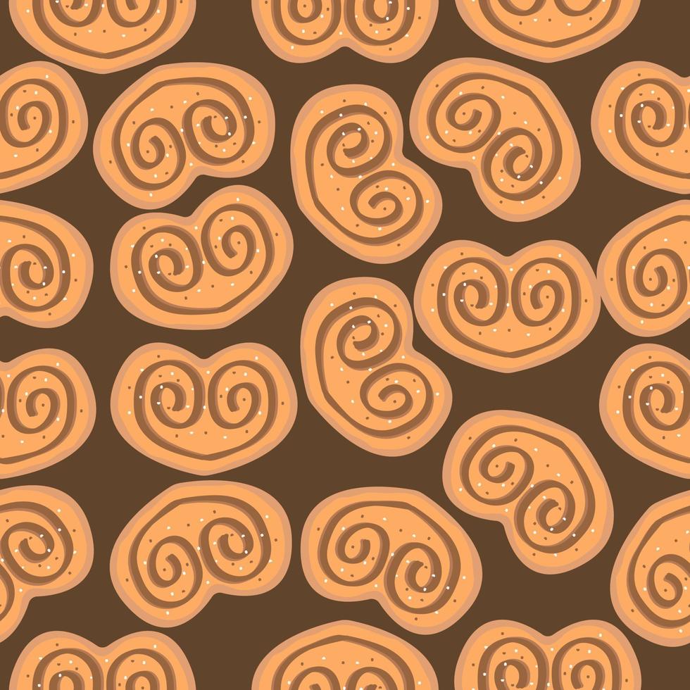 kaneel broodje naadloos patroon. zoet broodje met chocolade in de vorm van een hart op spierwitte achtergrond. vector illustratie