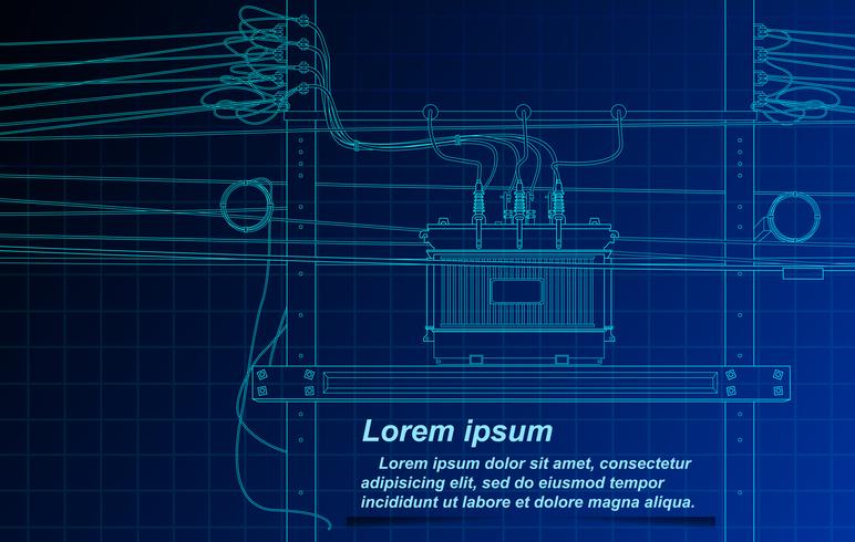 Het schetsen van transformator en kabel op blauwdrukachtergrond. vector