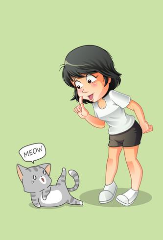 Meisje praat met kat in cartoon stijl. vector