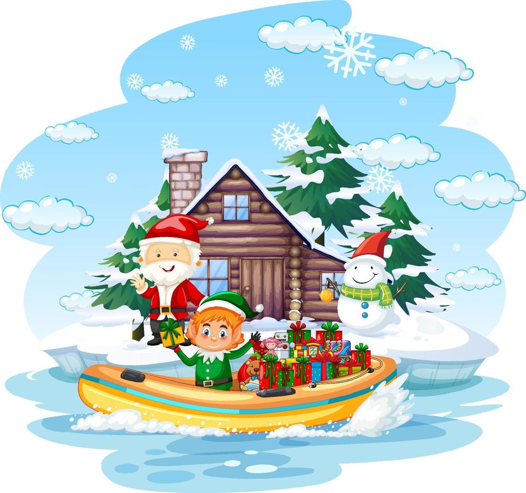 Kerstman en elf bezorgen cadeautjes per boot vector