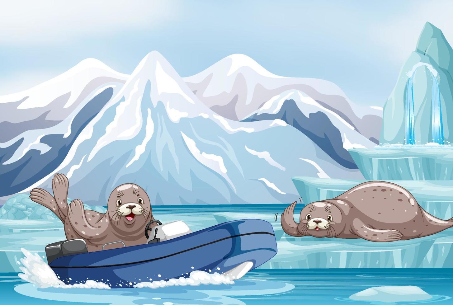 antarctica landschap met zeehond in een boot vector