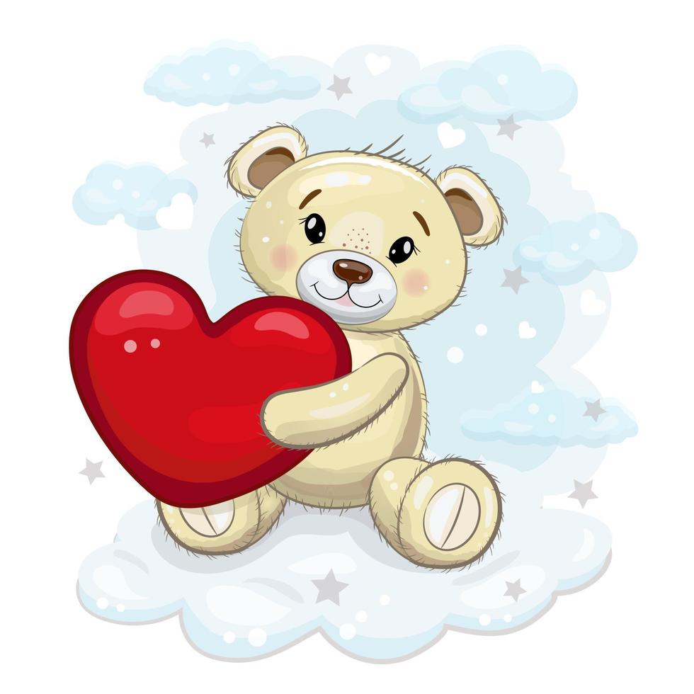 schattige teddybeer met een rood horen in zijn poten. teddybeer op een wolk achtergrond met sterren. vector cartoon afbeelding voor Valentijnsdag of verjaardag.