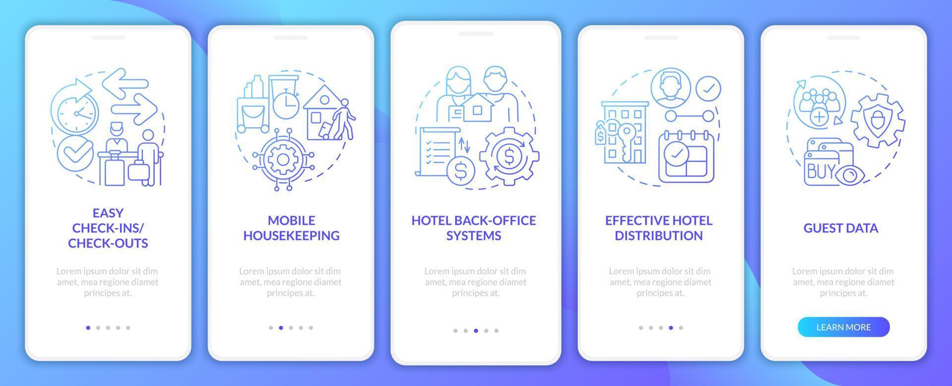 pms in hotels blauwe gradiënt onboarding mobiele app-scherm. tech walkthrough 5 stappen grafische instructiepagina's met lineaire concepten. ui, ux, gui-sjabloon. talloze pro-bold, reguliere lettertypen gebruikt vector