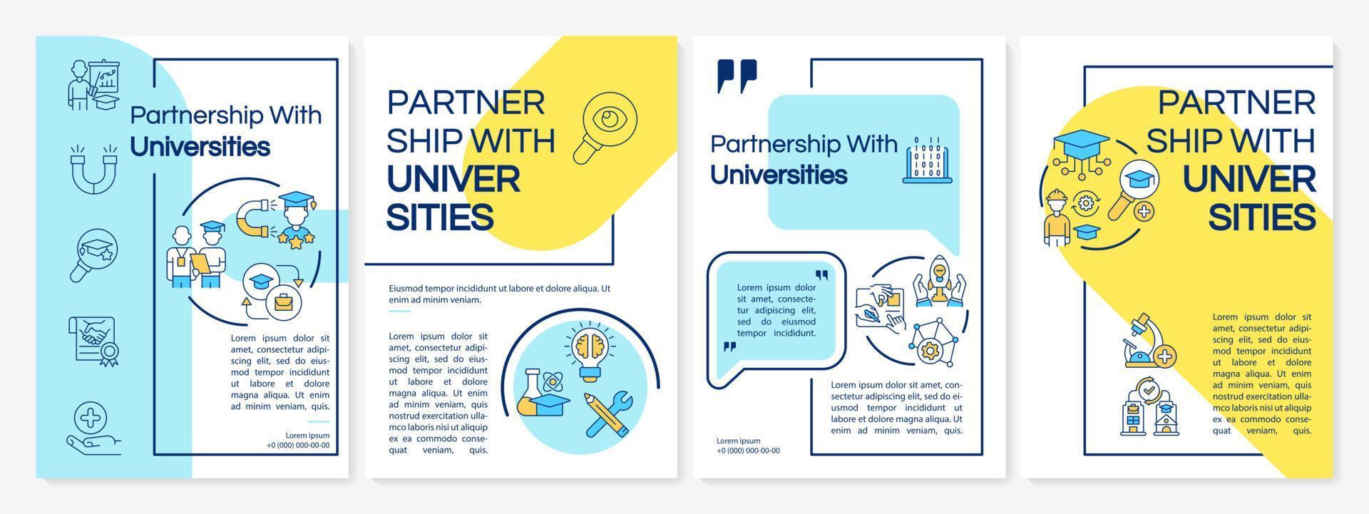 samenwerking met universiteiten brochure sjabloon. studenten werven. flyer, boekje, folder afdrukken, omslagontwerp met lineaire pictogrammen. vectorlay-outs voor presentatie, jaarverslagen, advertentiepagina's vector