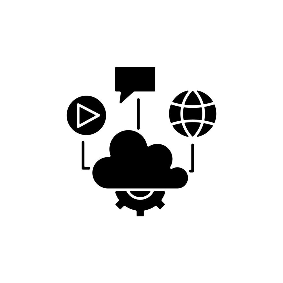 cloud computing zwart glyph-pictogram. bestanden opslaan en delen. computerdiensten leveren. virtuele server. gegevenstoegang via internet. silhouet symbool op witte ruimte. vector geïsoleerde illustratie