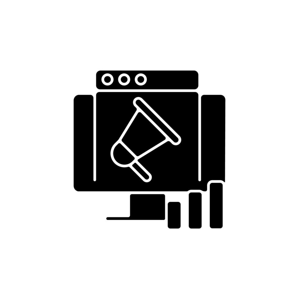 digitale marketing zwarte glyph-pictogram. potentiële klanten bereiken. producten en diensten online promoten. netwerkmarketingkanalen. silhouet symbool op witte ruimte. vector geïsoleerde illustratie