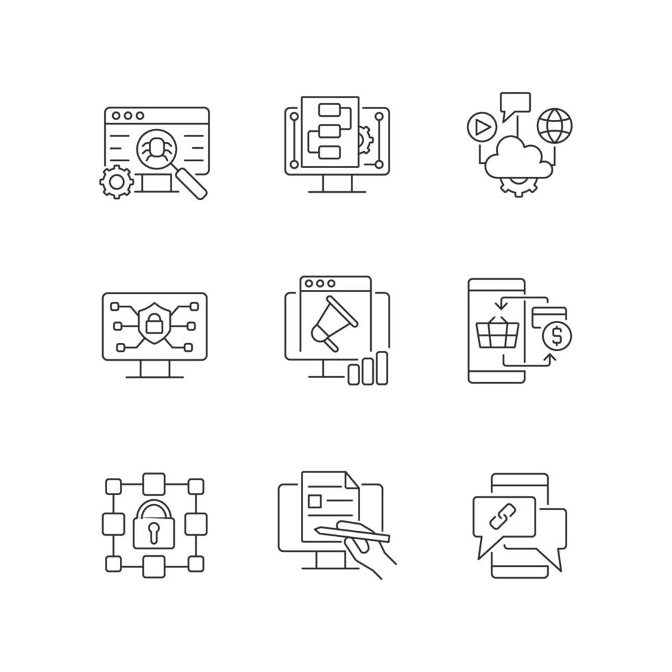 digitale vaardigheid lineaire pictogrammen instellen. internet veiligheid. cloudoplossingen. promotie strategie. aanpasbare dunne lijncontoursymbolen. geïsoleerde vectoroverzichtsillustraties. bewerkbare streek vector