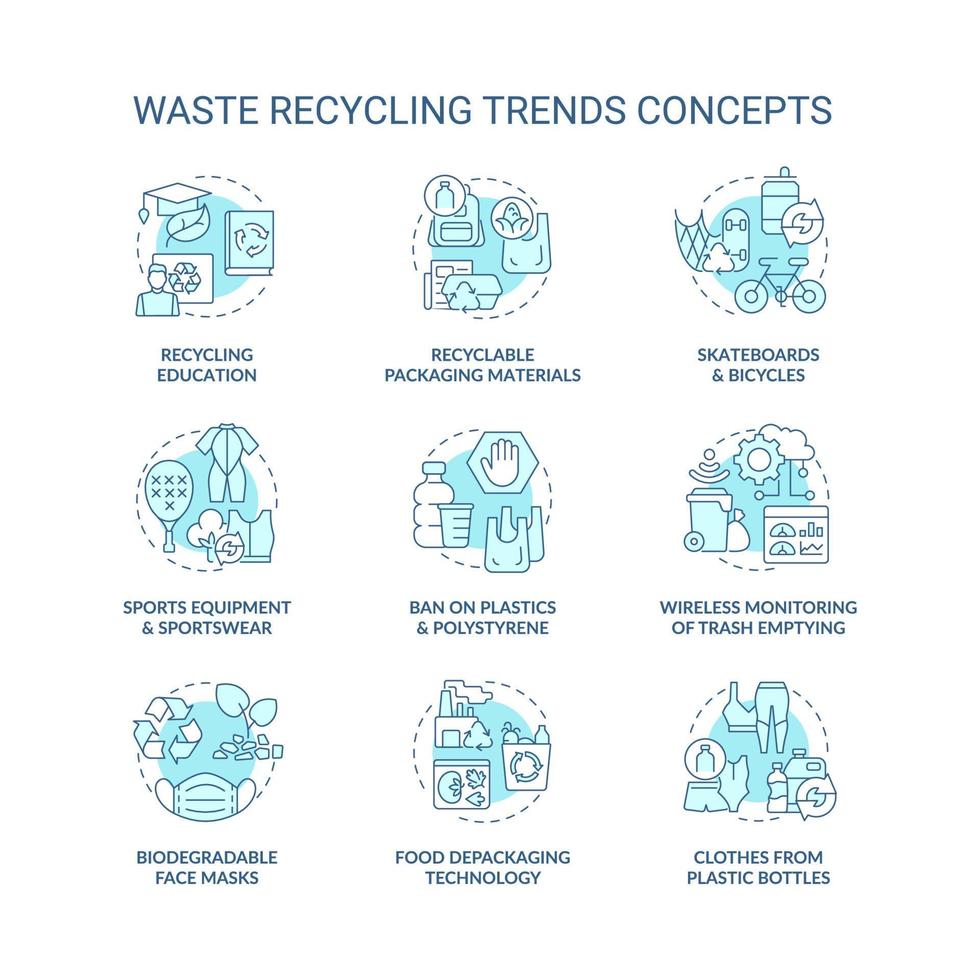 vuilnis recycling trends concept pictogrammen instellen. milieuproblemen. vermindering van wereldvervuiling idee dunne lijn kleurenillustraties. vector geïsoleerde overzichtstekeningen. bewerkbare streek