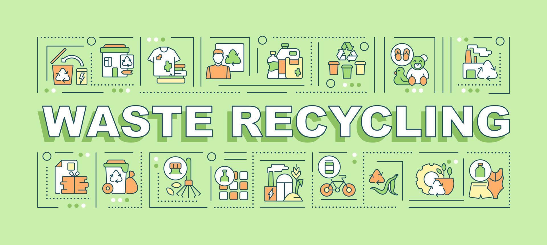 afvalrecycling woord concepten banner. milieubescherming. infographics met lineaire pictogrammen op groene achtergrond. geïsoleerde creatieve typografie. vector overzicht kleur illustratie met tekst