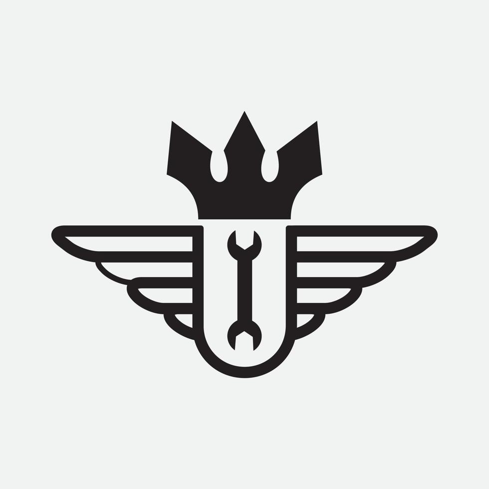 mechanische koning met vleugelkroon logo ontwerp vector