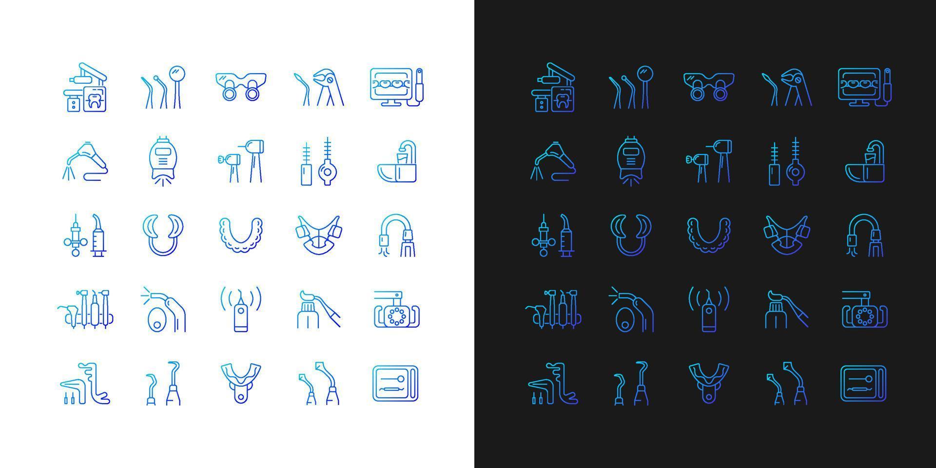 tandheelkunde hulpmiddelen en materialen verloop pictogrammen ingesteld voor donkere en lichte modus. tandheelkundige ingrepen. dunne lijn contour symbolen bundel. geïsoleerde vector overzicht illustraties collectie op zwart-wit