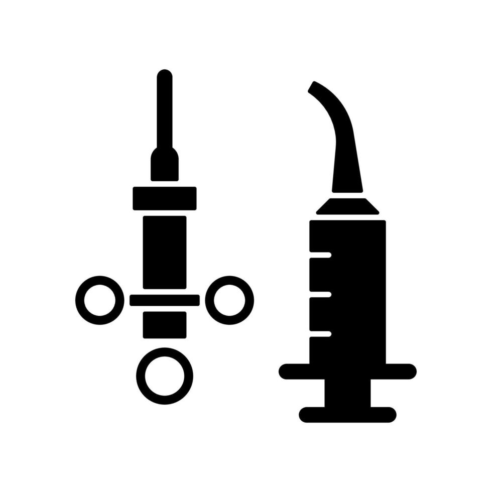 tandheelkundige irrigatie spuit zwart glyph pictogram. plaatselijke verdoving toedienen. tandheelkundige benodigdheden. intraorale injecties. procedure uitvoeren. silhouet symbool op witte ruimte. vector geïsoleerde illustratie