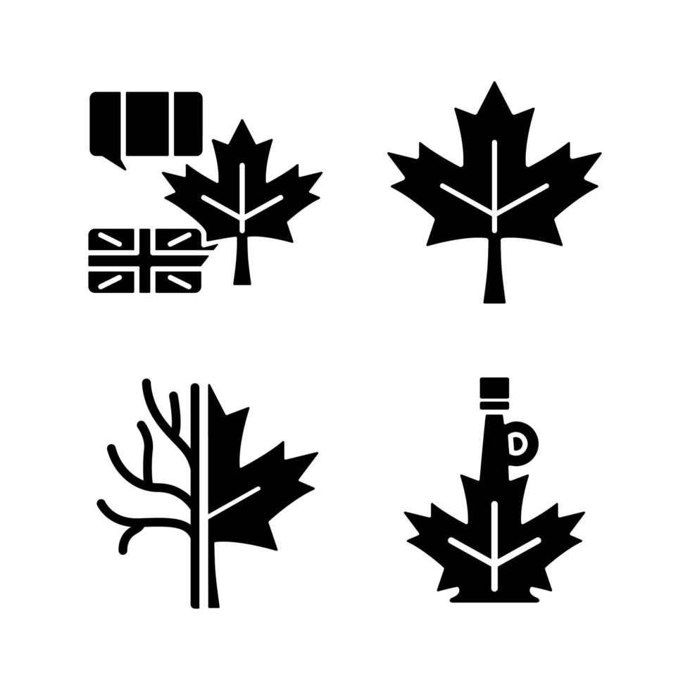 esdoornblad betekenis zwarte glyph pictogrammen instellen op witte ruimte. nationaal embleem van Canada. historisch esdoornbladsymbool. tweetalig land. silhouet symbolen. vector geïsoleerde illustratie