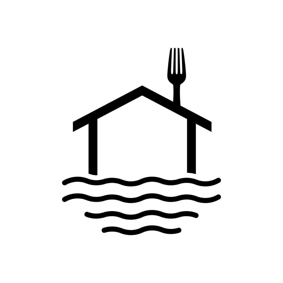 huis- of huislijn met vork of lepel restaurant op waterlogo-ontwerp vector