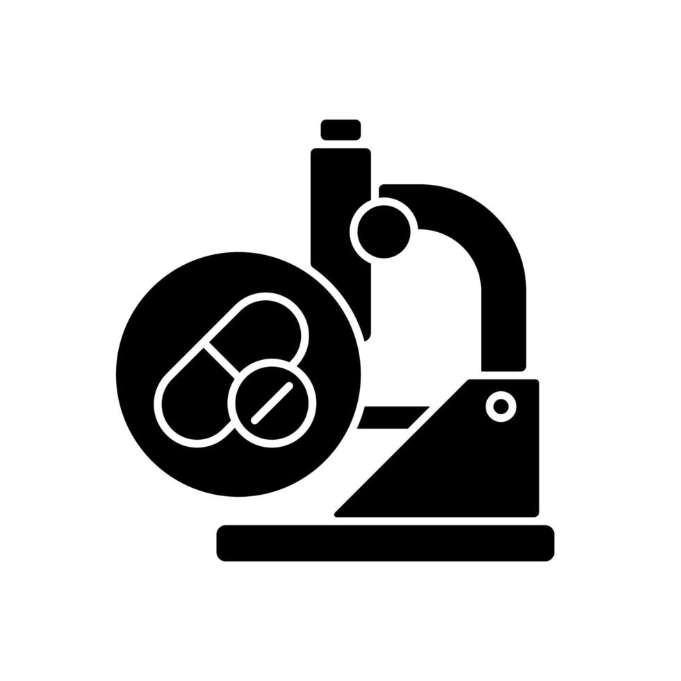 het testen van drugs zwart glyph-pictogram. mogelijke behandelingsontwikkeling. nieuwe medicijnen bestuderen. het evalueren van veilige pildosering. klinische proeven. silhouet symbool op witte ruimte. vector geïsoleerde illustratie