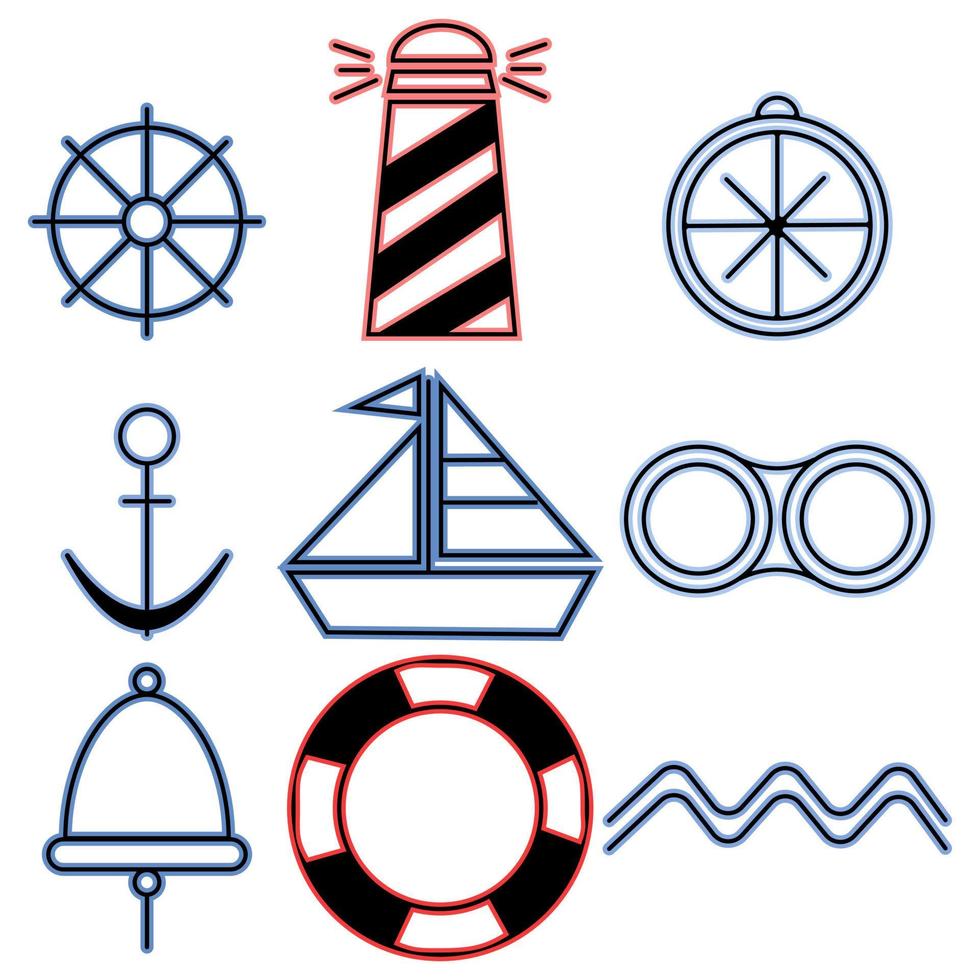 nautische iconen set, lineaire clipart op het mariene thema voor design vector