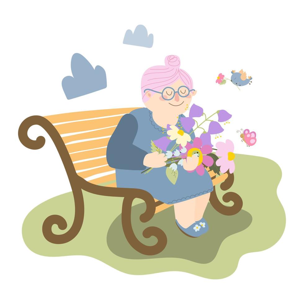 een grootmoeder zit buiten op een bankje. oma houdt een boeket bloemen vast en is enthousiast over de lente. vectorillustratie in cartoon-stijl op witte achtergrond. voor print, webdesign. vector