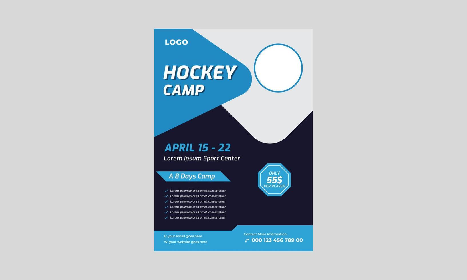 hockey cam flyer teamplaat, lacrosse flyer ontwerp, sport hockey kamp banner, poster, hockey toernooi en kamp posters. vector