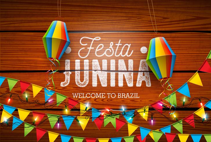 Festa Junina Illustratie met Partijvlaggen en Document Lantaarn op Uitstekende Houten Achtergrond. Vector Brazilië juni Festival ontwerp