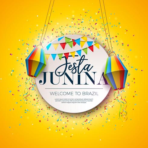 Festa Junina Festival Design met feestvlaggen en papieren lantaarn op kleurrijke Confetti achtergrond. Vector traditionele Brazilië juni viering illustratie