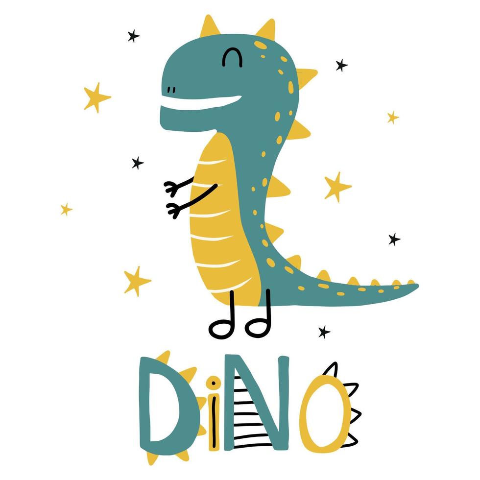 kinderposter met een schattige dinosaurus. groene en gele dino-poster. dino-belettering geschikt voor posters, kaarten, prenten, etiketten. vector