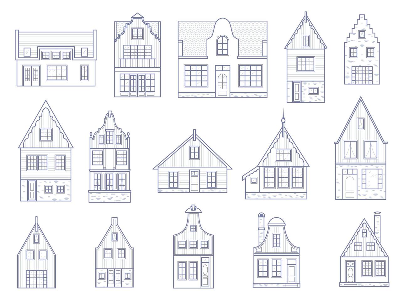 amsterdamse huizen. gevels van Europese oude gebouwen. Hollandse huizen. vector set schets illustratie