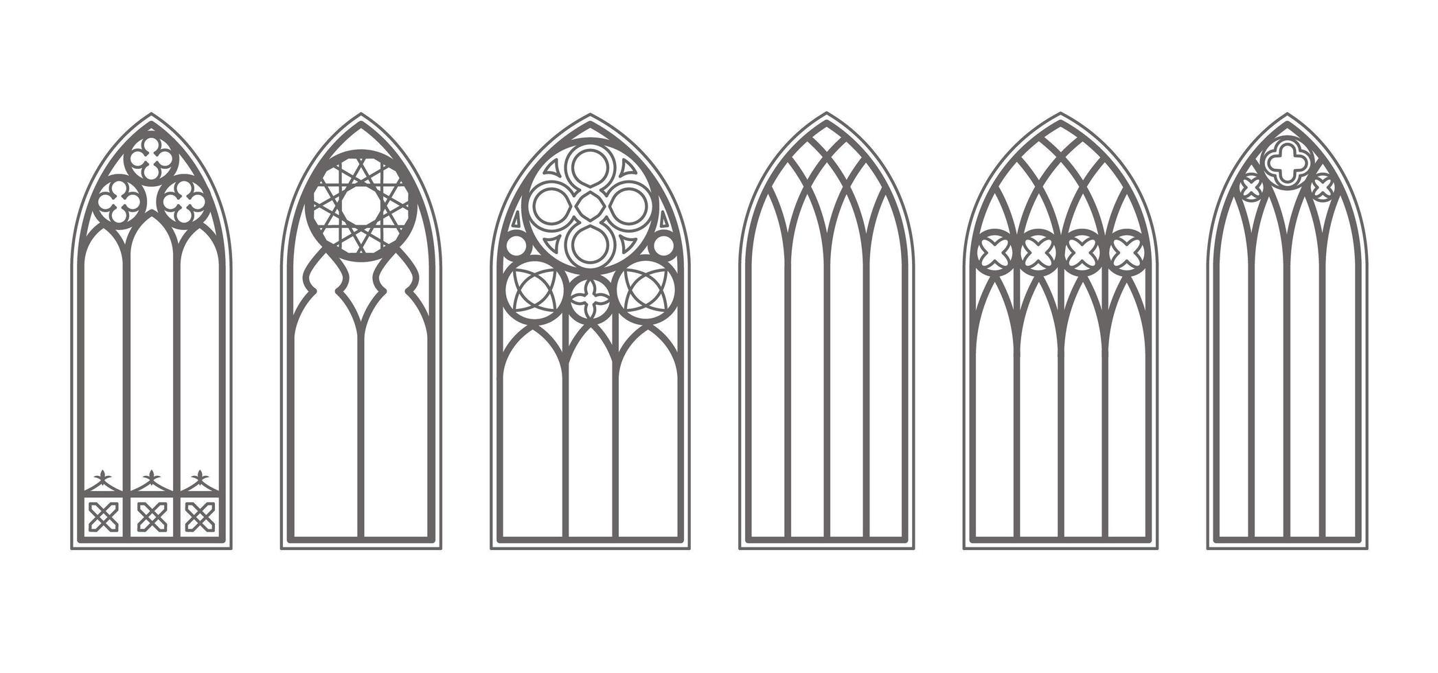 gotische ramen omtrek set. silhouet van vintage gebrandschilderd glas kerk frames. element van de traditionele Europese architectuur. vector