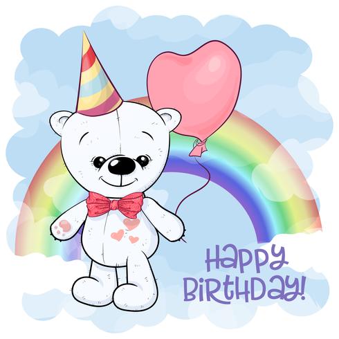 Prentbriefkaar leuke witte teddybeer op de achtergrond van de regenboog en de ballon. Cartoon stijl. Vector