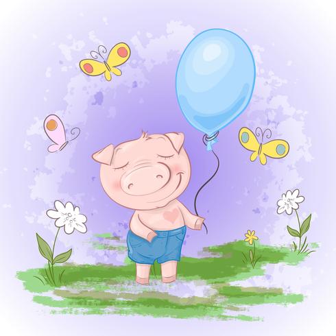 Leuk briefkaart, varken met een ballonbloemen en vlinders. Cartoon stijl. Vector