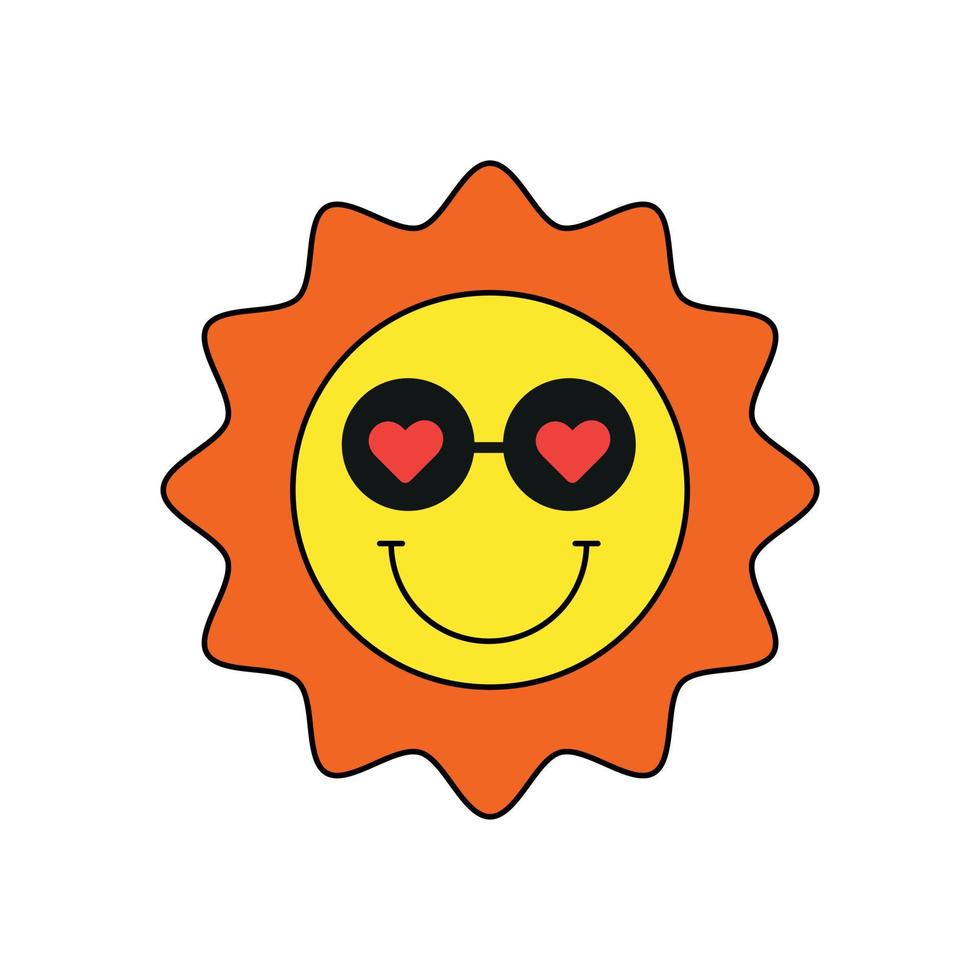 schattige lachende zon in zonnebril met hartjes sticker voor Valentijnsdag vector