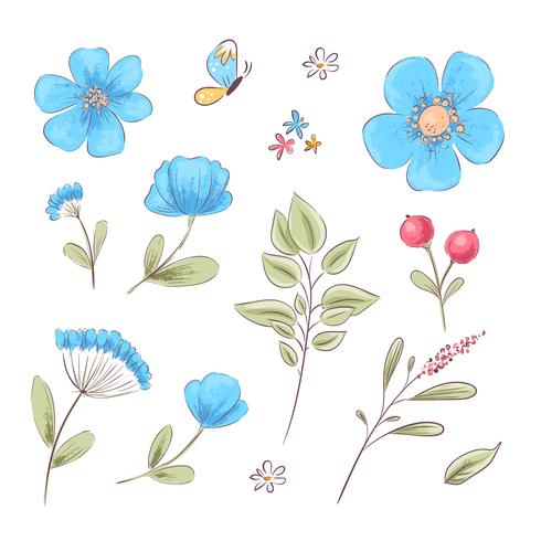Set van wilde bloemen en vlinders. Handtekening. Vector illustratie