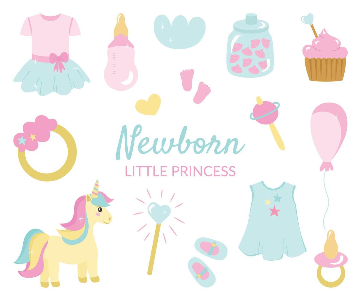 babyshower is een set elementen voor de vakantie van een pasgeboren prinsesje. jurk, eenhoorn, slofjes, cake, rammelaar. vectorillustratie in delicate pastelkleuren, voor design en decor. vector