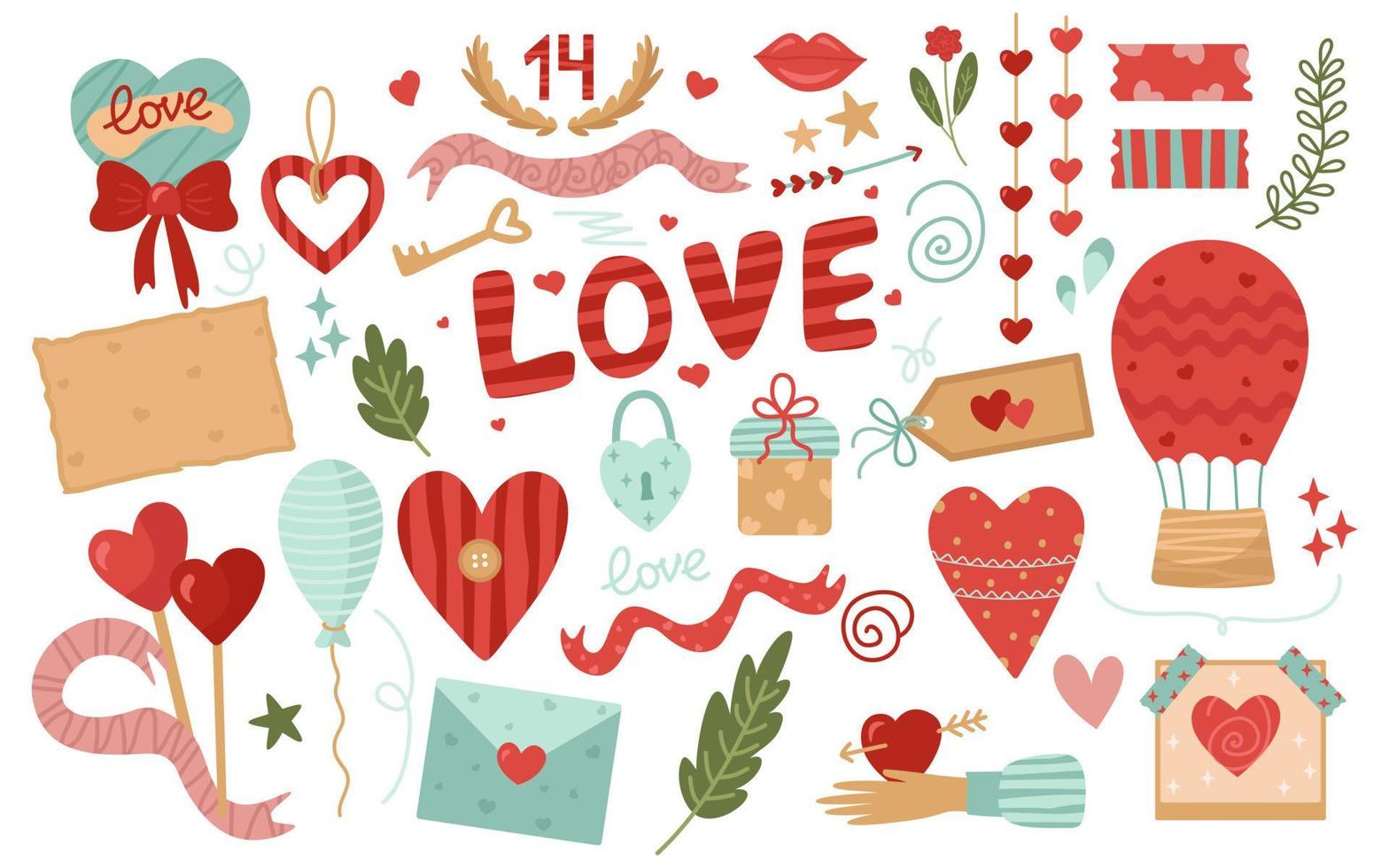 set van romantische elementen voor Valentijnsdag. brief, hart, ballon, lippen, cadeau, slot, roos, hand. vectorillustratie in cartoonstijl voor vakantiedecoratie, ontwerp of decor op 14 februari. vector